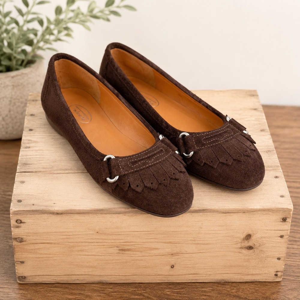 Talbots Suede Kiltie Fringe Ballet Flats Women 6 Chocolate Brown Loafer Preppy